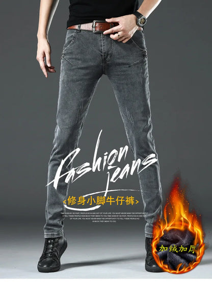 Winter Thick Plus Velvet Men Middle Waist Skinny Jeans Simple Fleece Warm Slim Fit Stretch Boy Casual Denim Pencil Pants