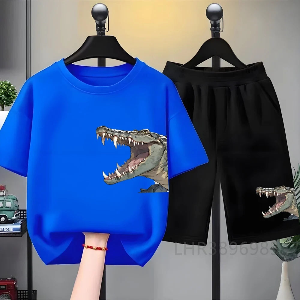 Children Tees Crocodile Head Black Suitable Girls Boy Tshirt+Shorts Kids Set Short Sleeve For Ages 3 And Up Summer Clothing