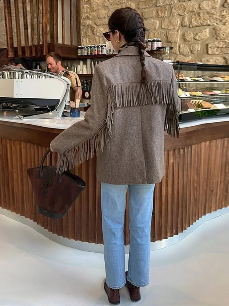Tassels Woolen Suit Jacket Women Elegant Turn-down Collar Long Sleeve Single Breasted Pocket Autumn Winter Coats New Outerwears