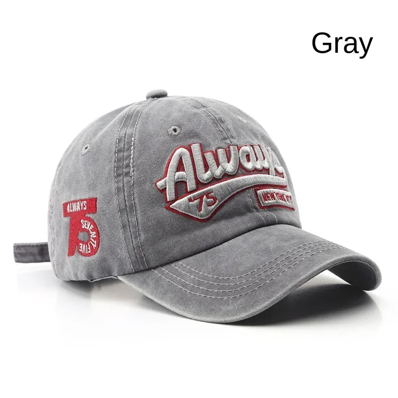2025 Spring/Summer Unisex Cotton Baseball Cap Vintage Washed with Alphabet  ALWAYS Embroidery - Hip-Hop Inspired Snapback Design