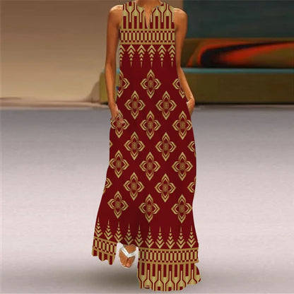 Vintage Print Maxi Dress For Women Summer Loose Sleeveless Long Dresses Elegant Lady V Neck Pocket Boho Beach Sundress Vestidos