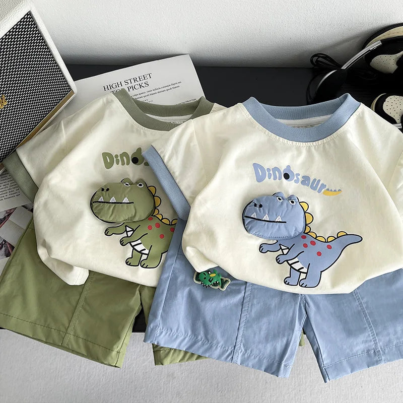 New Baby Summer Clothes Kids Cute Cartoon Suits Boys 3D Dinosaur Tshirt Shorts 2Pcs Sets Chidren Girls Fashion Clothing Outfits