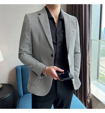 2025 Spring Men's Plaid Suit Jacket Korean Luxury Business Slim Fit Social Suit Jacket Formal Social Party Wedding Prom Tuxedo