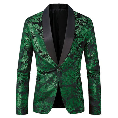 Men's Long-sleeved Suit Jacket, Purple Printed Black Collar Single-button Coat, Wedding/Party/Stage Performance Blazers