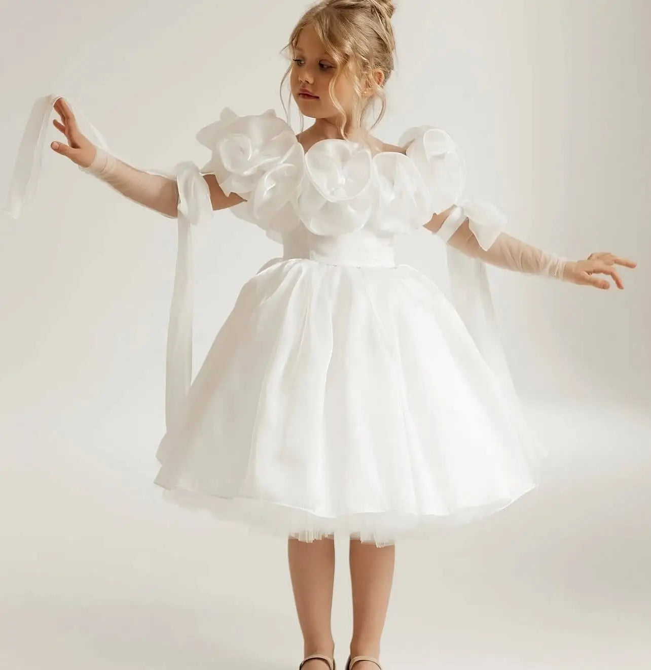 White Flowers Fairy Flower Girl Dress for Wedding Knee Length Organza Communion Dress Girls Birthday Party Ball Gowns