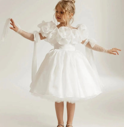White Flowers Fairy Flower Girl Dress for Wedding Knee Length Organza Communion Dress Girls Birthday Party Ball Gowns