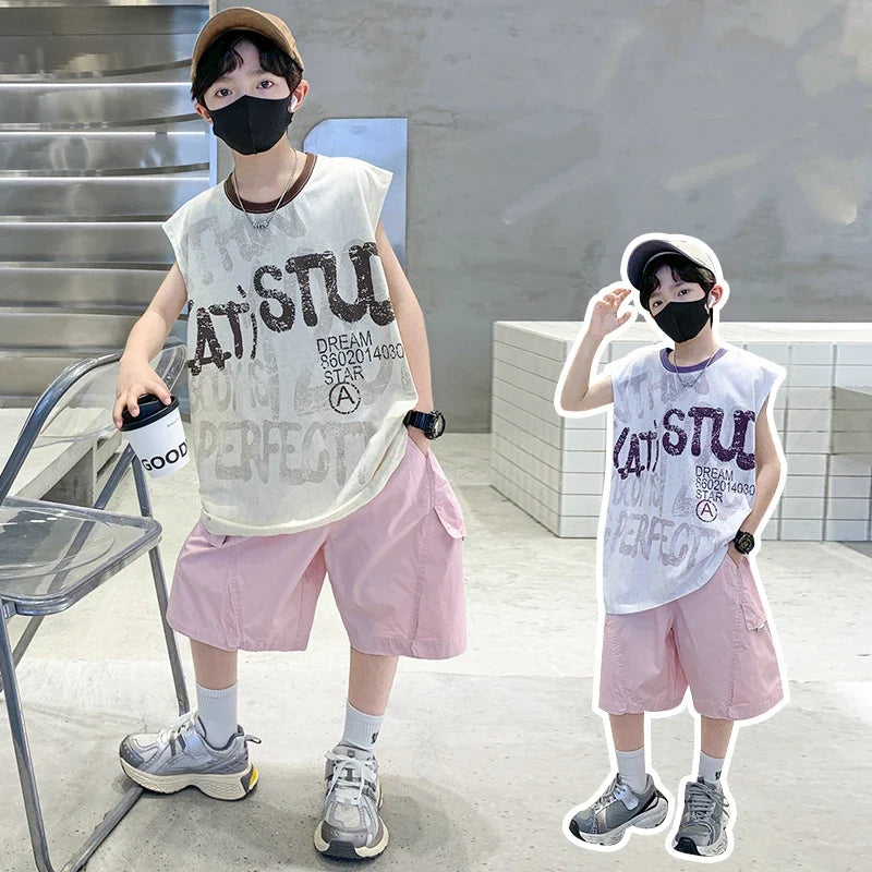 Korean Kids New Summer Suit for Teen Boy Cotton Tshirt + Cargo Shorts 2 Pieces Clothes Set Child Letter Print Outfit Tracksuit