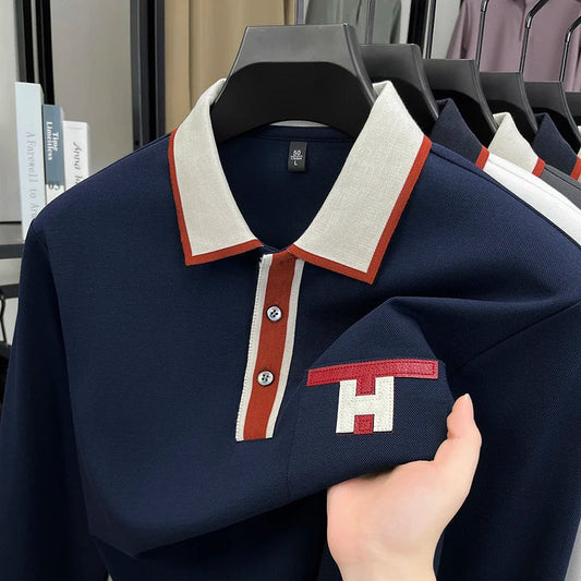 Light Luxury Fashion 100% Pure Cotton Polo Shirt Men's Long Sleeved Autumn New Item Middle-aged Dad Collar Base T-shirt