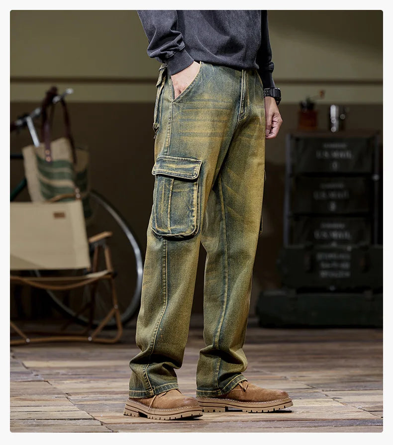 Autumn and winter new styles Men's outdoor multi-pocket cargo jeans Straight loose casual stretch fashion jeans for men