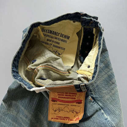 13.5oz Men's Japanese Indigo Blue Selvedge Straight Leg Denim Jeans for Men Artisan Vintage Spring Washed with Raw Hem Detailing