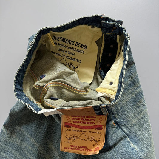 13.5oz Men's Japanese Indigo Blue Selvedge Straight Leg Denim Jeans for Men Artisan Vintage Spring Washed with Raw Hem Detailing
