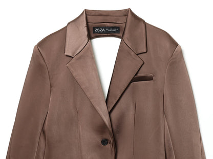 backless Satin Texture Blazers Women Fashion Autumn Winter Back hollow design Long Sleeve Single Buckle Suits Jacket coats
