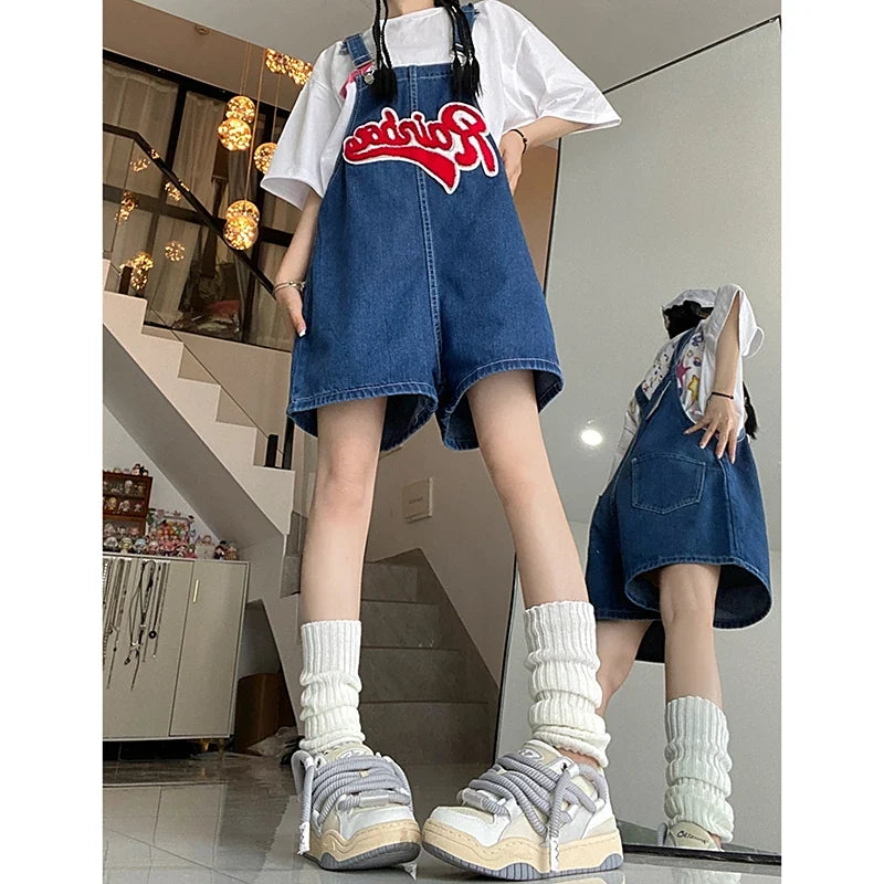 Women Streetwear Kawaii Denim Shorts Overalls Lady Fashion Embroidery Oversize Wide Leg Jeans Female Y2k Clothes Deep Blue Pants