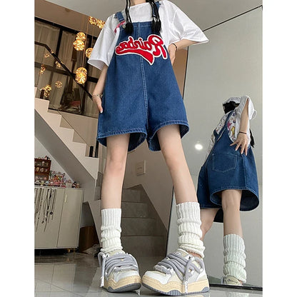 Women Streetwear Kawaii Denim Shorts Overalls Lady Fashion Embroidery Oversize Wide Leg Jeans Female Y2k Clothes Deep Blue Pants