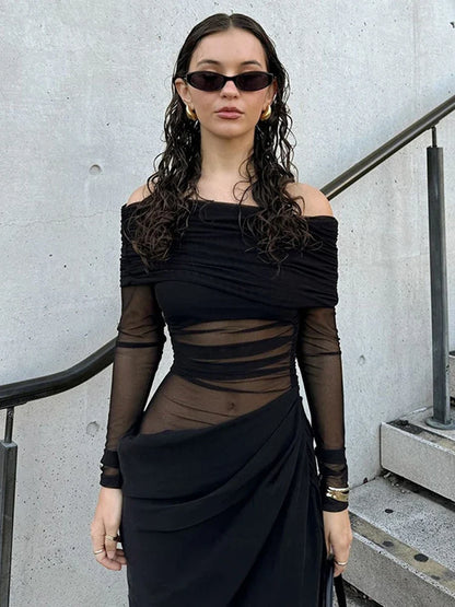 Sexy Dress Women 2025 Spring Patchwork Mesh Elegant Slash Neck Ruched Fit Chic Birthday Party Festival Vacation Vestidos