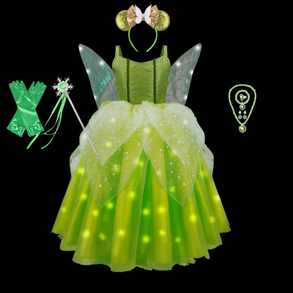 Girls Tinkerbell Fairy Dresses LED Light Up for Girls Costume Kids Cosplay Flower Fairy Princess Clothes Christmas Party Outfit