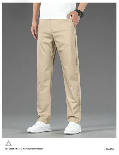 Spring Summer New Men's Casual Pants Thin Mulberry Silk Soft Business Casual Trousers Slim Straight Elastic Suit Pants Male