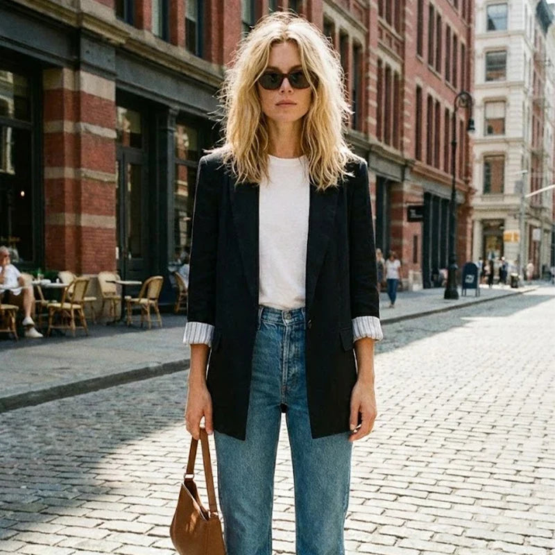 Women Fashion With Pockets Solid Blazer Vintage Notched Neck Long Sleeves Female Chic Lady Outfits