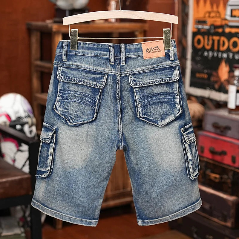American Style Workwear Denim Shorts Summer Elastic Outdoor Trendy Brand Multi-pocket Loose Shorts Y2k Street Knee-high Pants