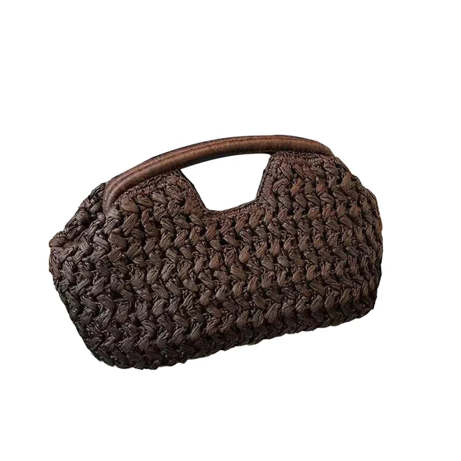 Natural Fiber Snap Clutch Bag,Spanish Seaside Women's Straw Woven Handbag,Summer Beach Travel Vacation Evening Elegant Purse