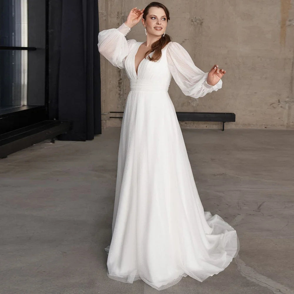 Beach Tulle Wedding Dresses For Bride Summer Plus Size Bridal Gown V Neck Long Puff Sleeves Sweep Train Custom Made Zip Back