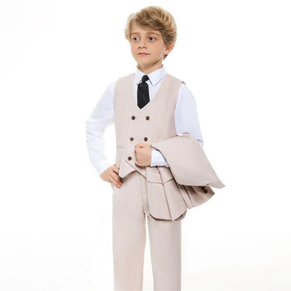 Kids Beige Gentleman Formal Suit Set New British Style Children's Christmas New Year Performance Party Wedding Costume
