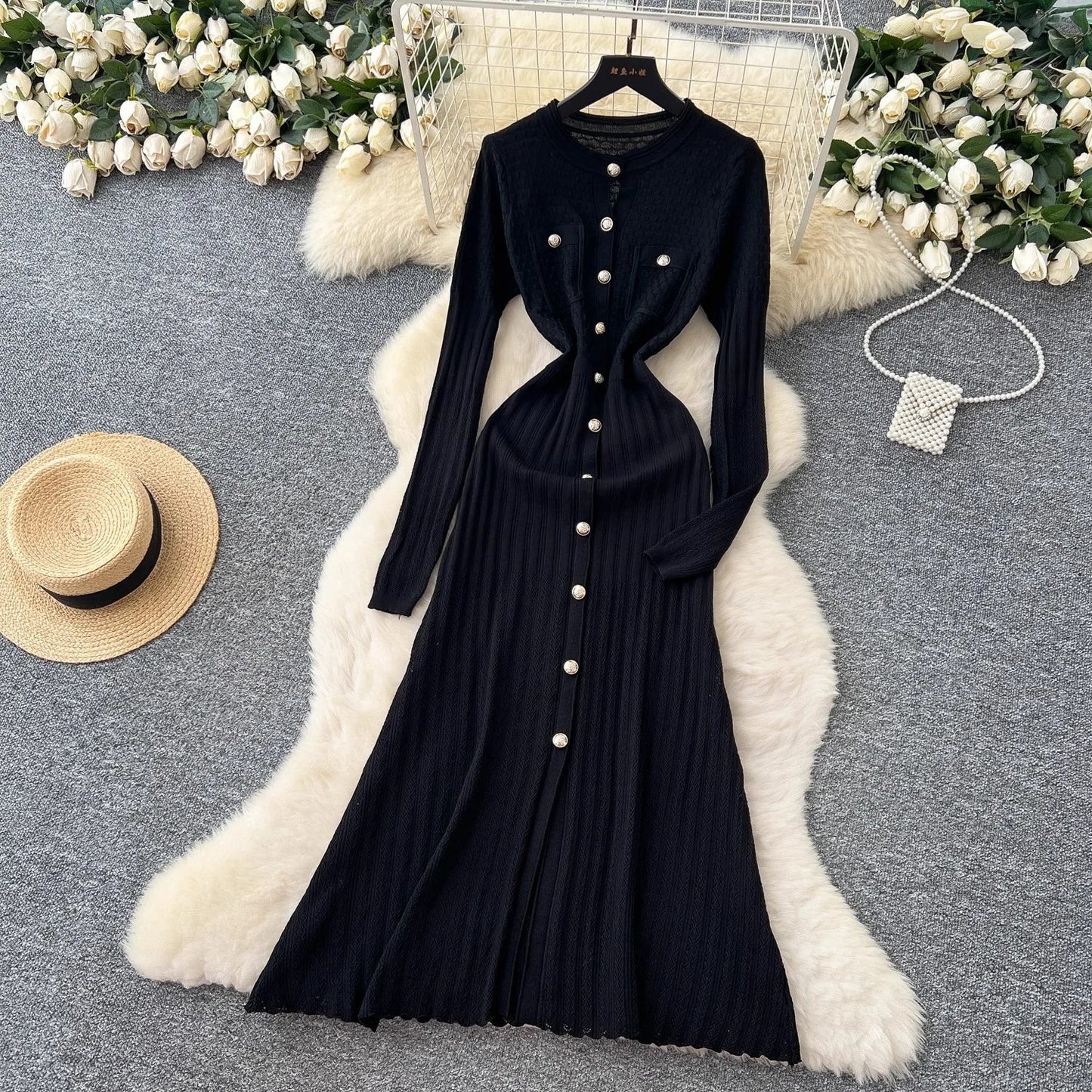 Brand Fashion Aesthetic Patchwork Knitted Maxi Dress Autumn Winter Women Luxury Shirt Sweater Dress Office Lady Vestido