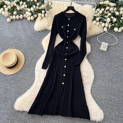 Brand Fashion Aesthetic Patchwork Knitted Maxi Dress Autumn Winter Women Luxury Shirt Sweater Dress Office Lady Vestido
