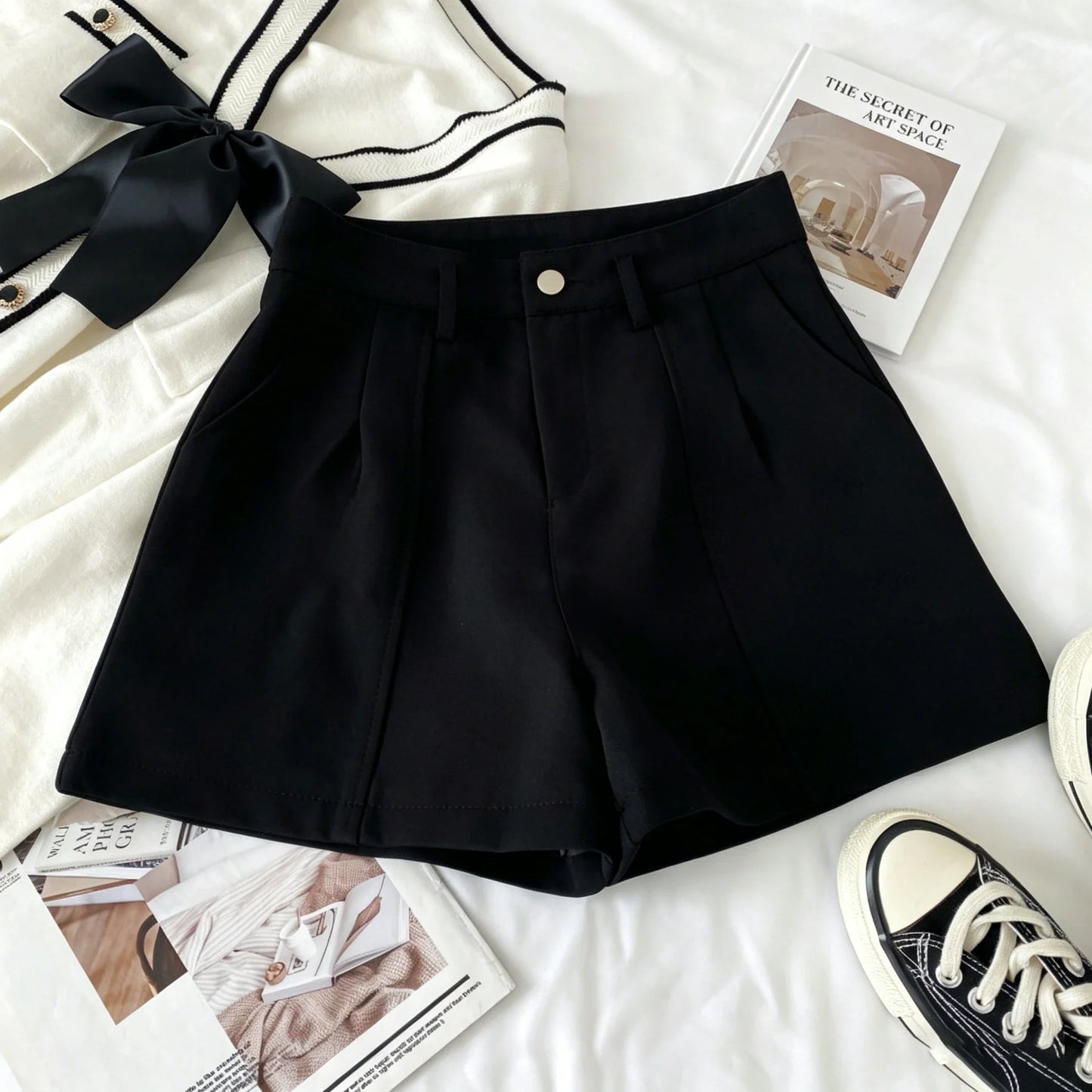 Casual Women A-Line Shorts Fashion Office Lady Commute Vintage Solid High Waist Short Pants Casual Streetwear Summer Trousers