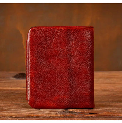 Men's Hand-Rubbed Genuine Leather Short Wallet Top-Grain Vegetable-Tanned Zipper Wallet with Driver's License Card Holder