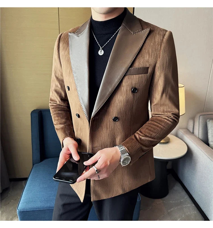 British Style Luxury Men Double Breasted Suit Jacket High Quality Fashion PU Leather Neck Spliced Coats Groom Social Party Dress