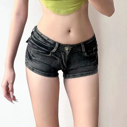 2026 New Washed Low Waist Vintage Denim Shorts Women Dark Grey Y2K Street Hot Pants Retro Millennium Aesthetic Short Jeans