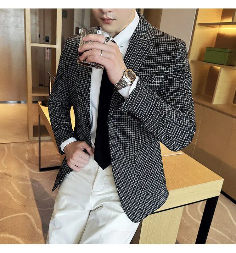 Men's Elegant Grid Suit Jacket 2026 Spring New Fashion Slim Blazer Jackets Social Prom Dress Jacket Men's High Quality Clothing