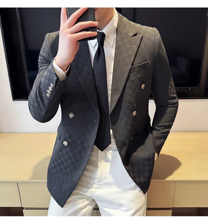6 Color Luxury Double Breasted Blazers Coats 2024 New Fashion Checkered Business Slim Fit Social   Formal Suit Jacket 5XL-M