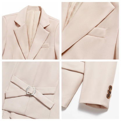 Beige Boy's Formal Suit Set, 4 Pieces Regular Fit Kids Smart Prom Suits, Jacket Vest Pants Tie Classy Solid Tuxedo For Wedding