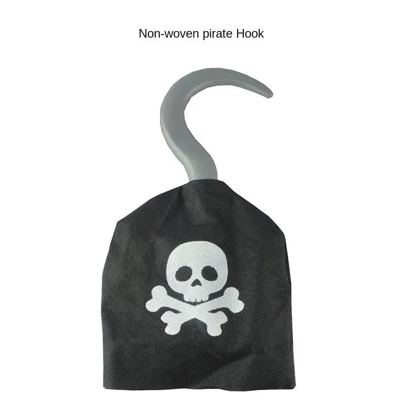 Kids Pirate Costume Black Vest with Eyeshade Hat Pirate Hook and Bag Set for Children Boy Halloween Theme Party Cosplay Dress Up