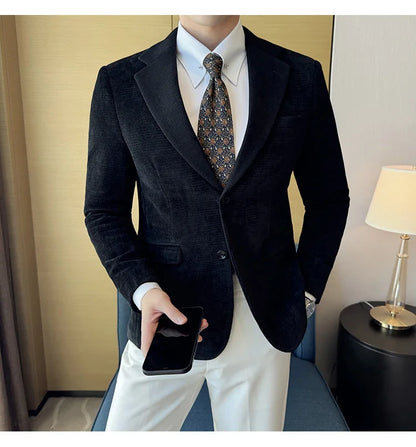 Autumn Winter Fashion Seaweed Pattern Suit Jacket High Quality Luxury Slim Fit Casual Men's Blazers Coats Social Prom Tuxedo