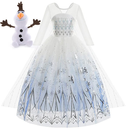 Halloween White Frozen Costumes for Girl Cosplay Elsa Princess Dress Long White Dress Halloween Carnival Dress Fire Spirit Olaf