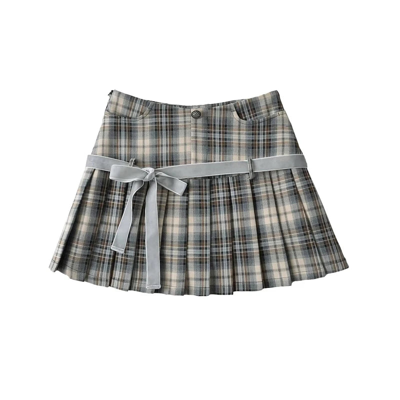 Women's Y2k A-line Pleated Skirt Vintage Plaid Mini Skirt Harajuku Korean Elegant Preppy Style Bow Skirts 2000s Clothes Summer