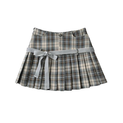 Women's Y2k A-line Pleated Skirt Vintage Plaid Mini Skirt Harajuku Korean Elegant Preppy Style Bow Skirts 2000s Clothes Summer