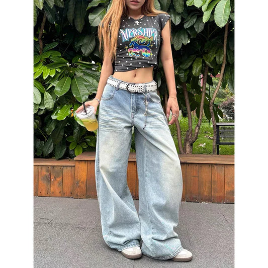 Vintage Y2k Embroidery Jeans Women Blue High Waist Straight Baggy Denim Trousers American Retro 90s Street Wide Leg Jeans