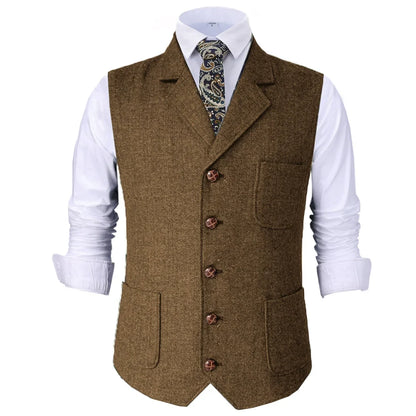 Men Vest Brown Herringbone With Lapel Waistcoat For Wedding Groom Banquet Business Casual Work Men Suit Vest