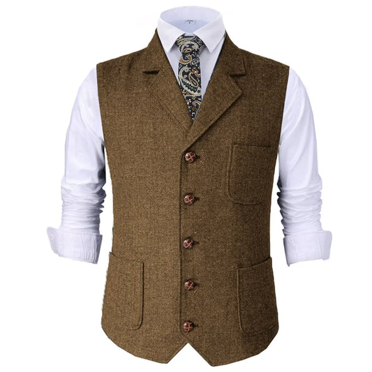 Men Vest Brown Herringbone With Lapel Waistcoat For Wedding Groom Banquet Business Casual Work Men Suit Vest