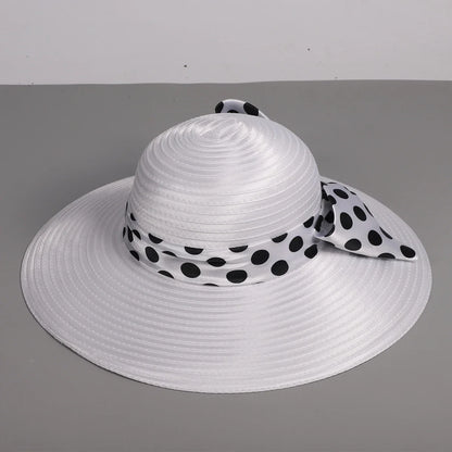 Elegant Women Wide Brim Rose Black Patchwork Polka Dots Kentucky Hat For Wedding Party Hat Big Bowknot Fedora Beach Cap