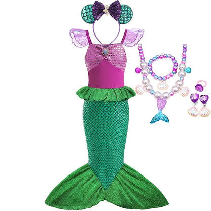 Mermaid Ariel Girls Dress Short Sleeve Tulle Cosplay Princess Costume Carnival Party Girl Princess Dress Party Dresses For Girls