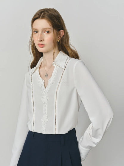 Summer 2025 Heavy Embroidery Blouse - Lace Panel Long Sleeve Relaxed Fit Women's Casual Top