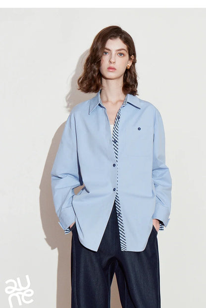 Women Striped shirt, spring 2025 new cavalry diagonal collar spliced pure cotton shirt