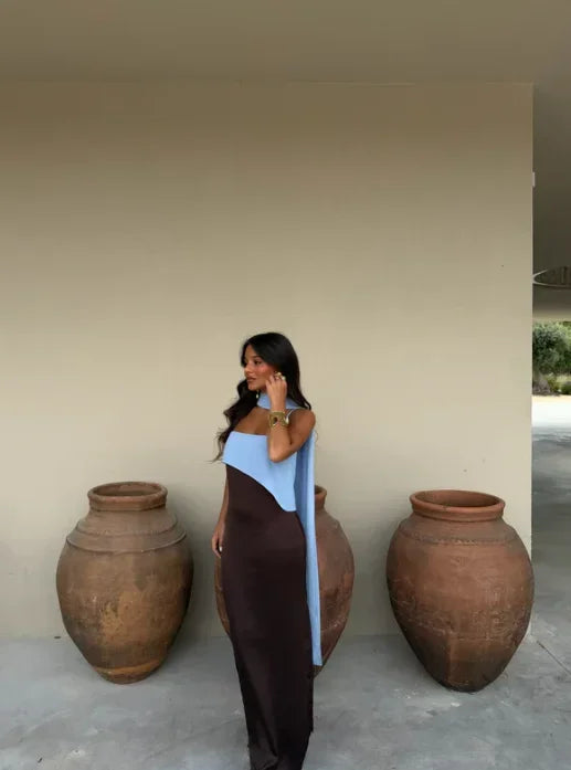 Fashion Color Block Spaghetti Strap Maxi Dress Women Elegant Halter Scarf  High Split Slim Vestidos 2026 New Daily Party Robes