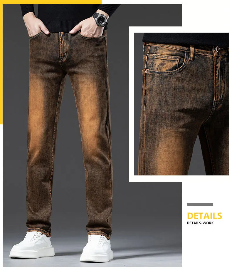 2025 New High-end High-quality Denim Double-core Cotton Elastic Jeans Retro Nostalgic Men's Straight-fit Trousers