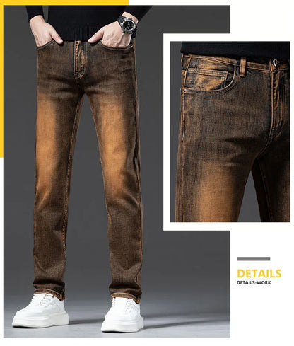 2025 New High-end High-quality Denim Double-core Cotton Elastic Jeans Retro Nostalgic Men's Straight-fit Trousers